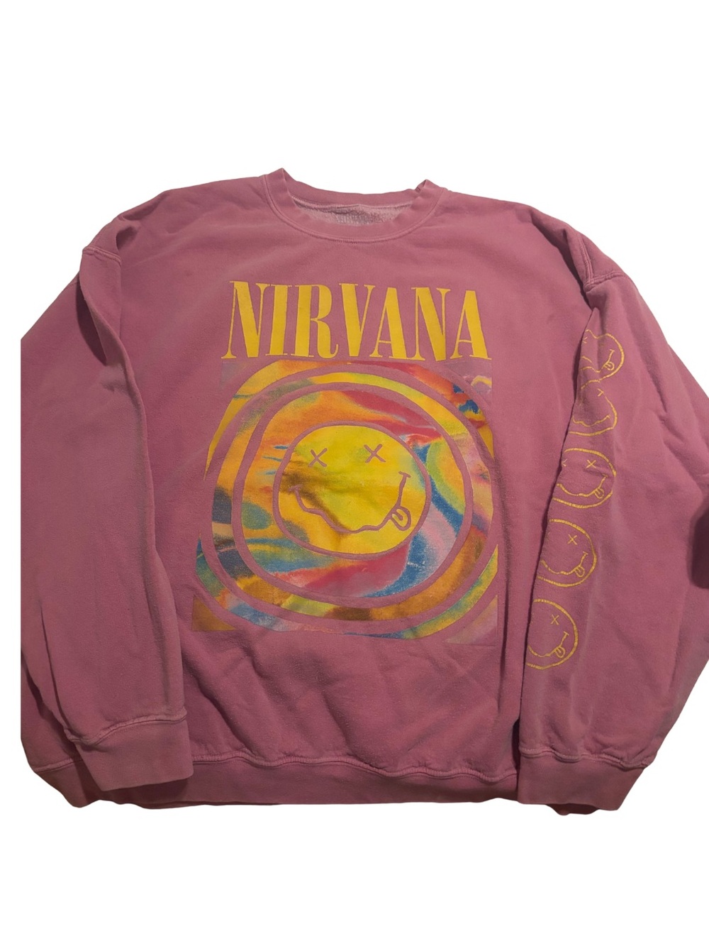 NIRVANA Rose Pink Crewneck with Yellow Logo & Multicolor Graphic